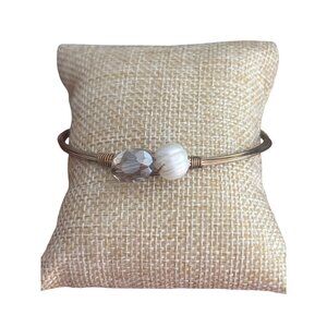 Gold Tone Wire Bangle Bracelet Genuine Pearl Glass Bead Stations Stack 8"